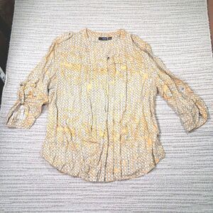 a.n.a Womens XL Yellow Geometric Houndstooth Roll Tab Sleeve Pleated Blouse Top
